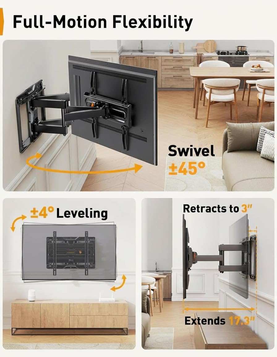 Full Motion TV Wall Mount for 26-74 inch TVs, Height Adjustable TV Mount, Pre-Assembled Wall Mount TV Bracket with Tool-Free Tilt, Swivel, Fits 16” Studs, 99 lbs, Max VESA 400x400mm, PGMF21