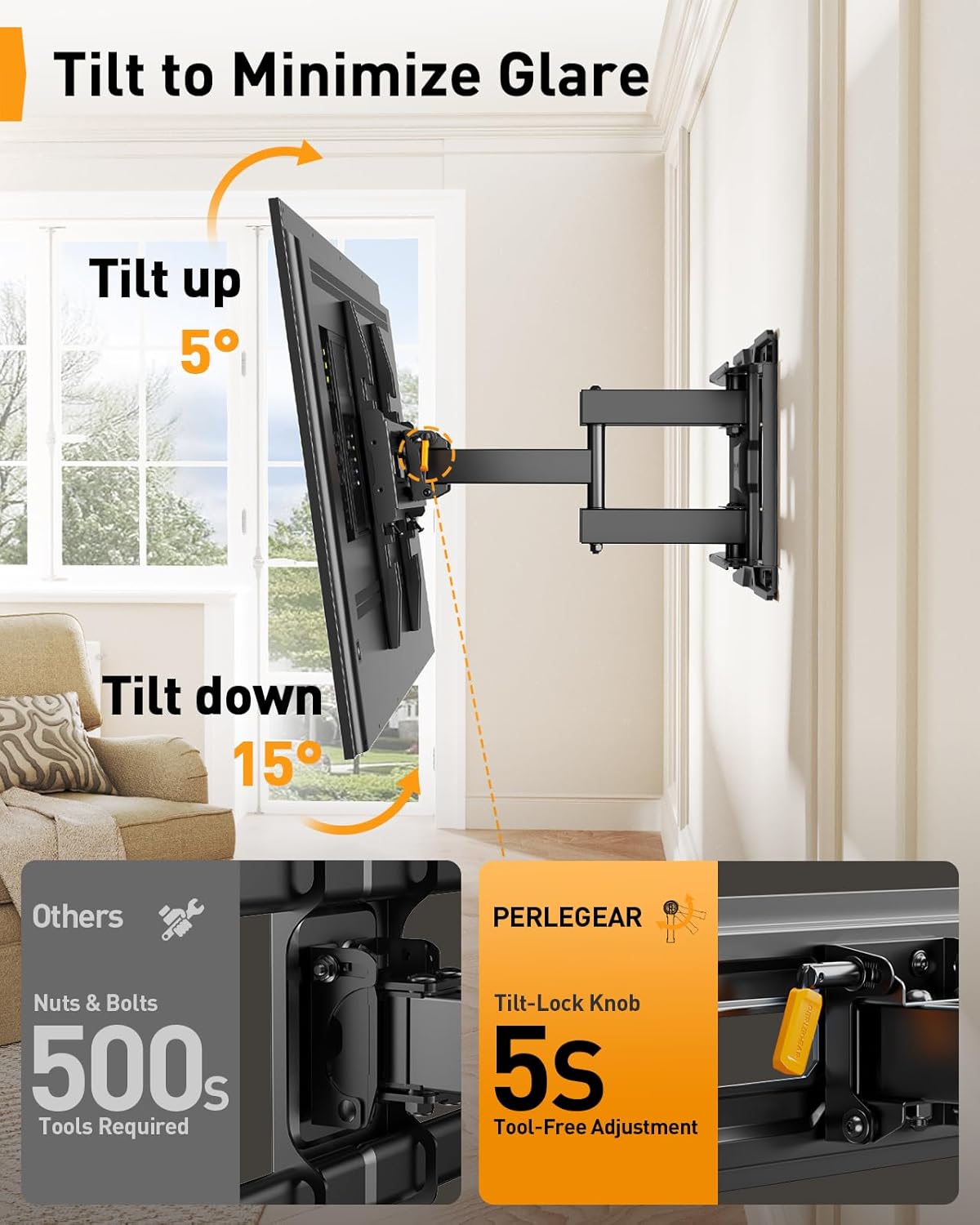 Full Motion TV Wall Mount for 26-74 inch TVs, Height Adjustable TV Mount, Pre-Assembled Wall Mount TV Bracket with Tool-Free Tilt, Swivel, Fits 16” Studs, 99 lbs, Max VESA 400x400mm, PGMF21