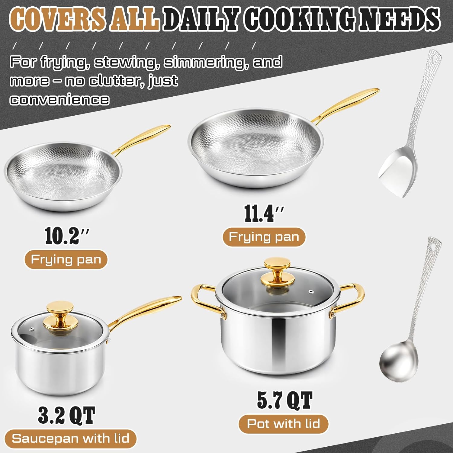 Titanium Pro Cookware Set 8 Pcs Cooking Pans and Pots with Lid and Spoon, Spatula, Triply Titanium No Coating Technology for Induction, Cooktops, Safe up to 1000°F, Dishwasher Safe