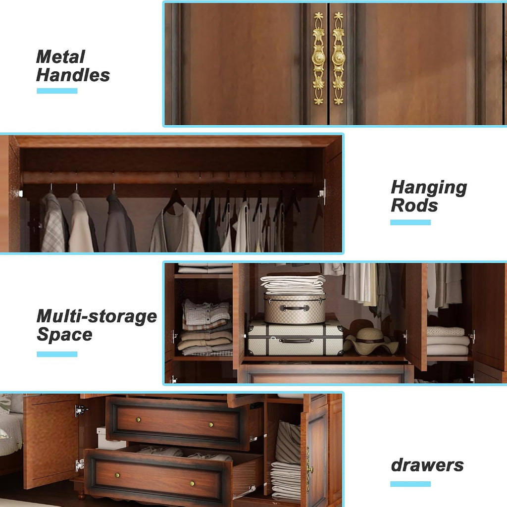 Solid Wood Armoire 4-Door Closet with 2 Drawers,100% Solid Wood Armoire Cabinet with Shelves and 2 Hanging Rods Wooden Wardrobe Closet with Elegant Design for Bedroom, Living Room
