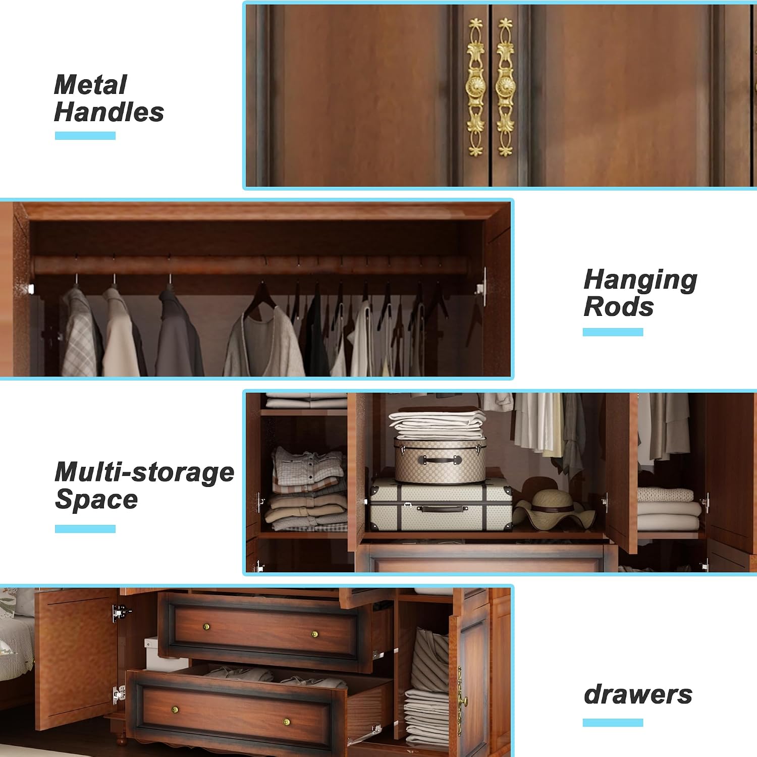 Solid Wood Armoire 4-Door Closet with 2 Drawers,100% Solid Wood Armoire Cabinet with Shelves and 2 Hanging Rods Wooden Wardrobe Closet with Elegant Design for Bedroom, Living Room