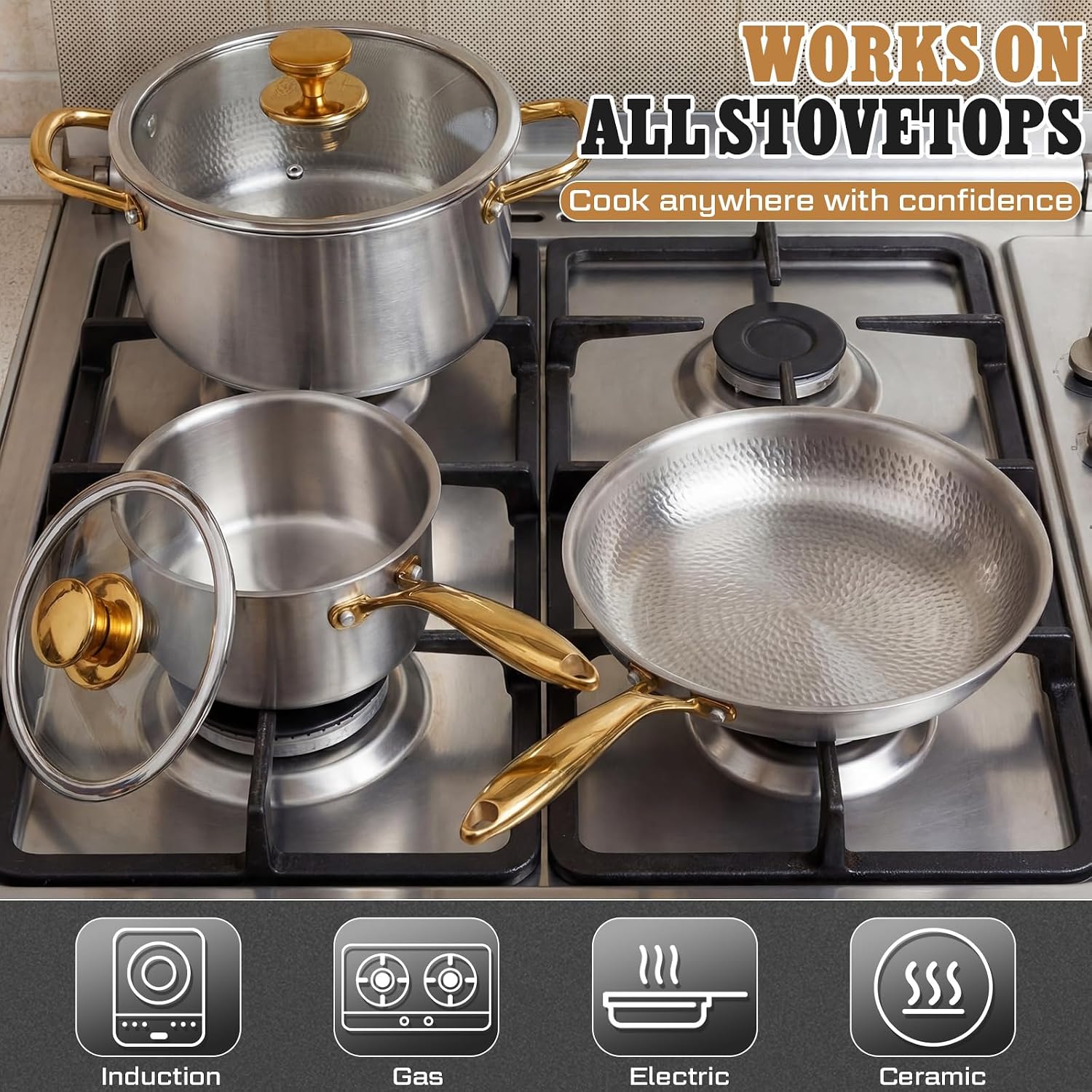 Titanium Pro Cookware Set 8 Pcs Cooking Pans and Pots with Lid and Spoon, Spatula, Triply Titanium No Coating Technology for Induction, Cooktops, Safe up to 1000°F, Dishwasher Safe