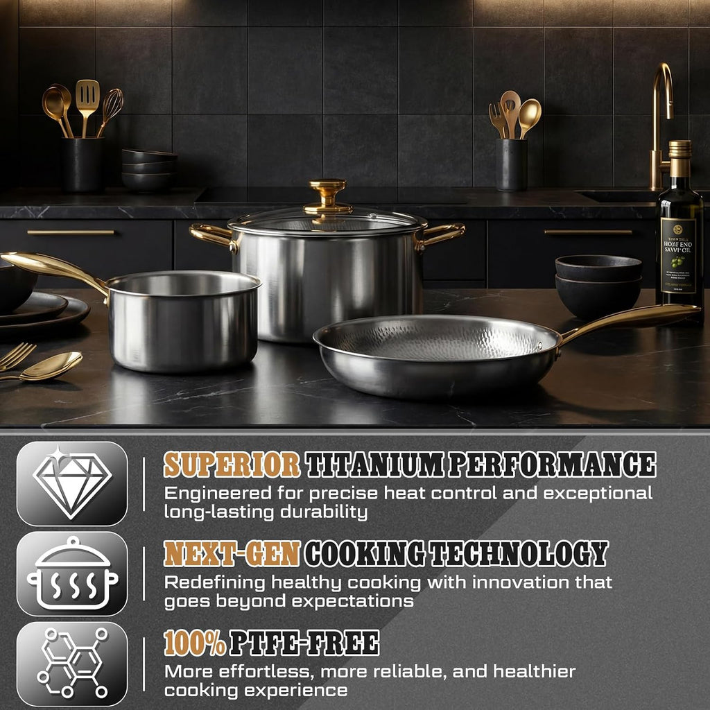 Titanium Pro Cookware Set 8 Pcs Cooking Pans and Pots with Lid and Spoon, Spatula, Triply Titanium No Coating Technology for Induction, Cooktops, Safe up to 1000°F, Dishwasher Safe