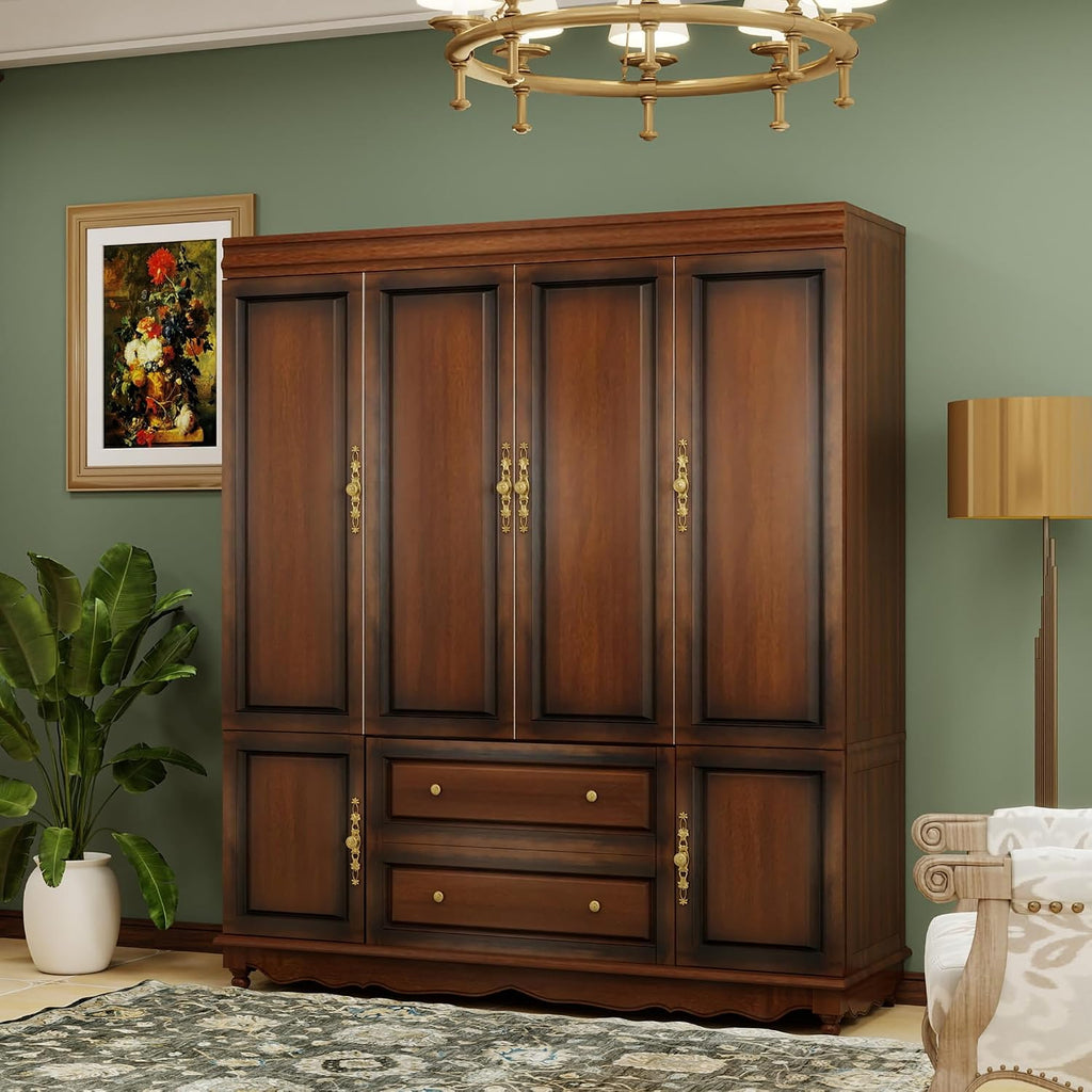 Solid Wood Armoire 4-Door Closet with 2 Drawers,100% Solid Wood Armoire Cabinet with Shelves and 2 Hanging Rods Wooden Wardrobe Closet with Elegant Design for Bedroom, Living Room