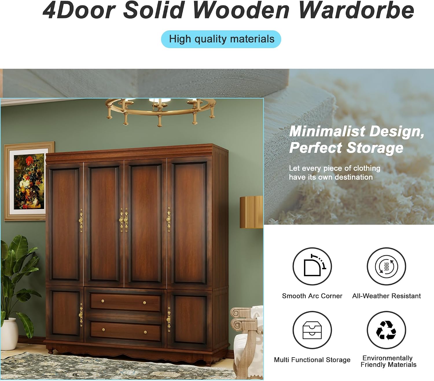 Solid Wood Armoire 4-Door Closet with 2 Drawers,100% Solid Wood Armoire Cabinet with Shelves and 2 Hanging Rods Wooden Wardrobe Closet with Elegant Design for Bedroom, Living Room