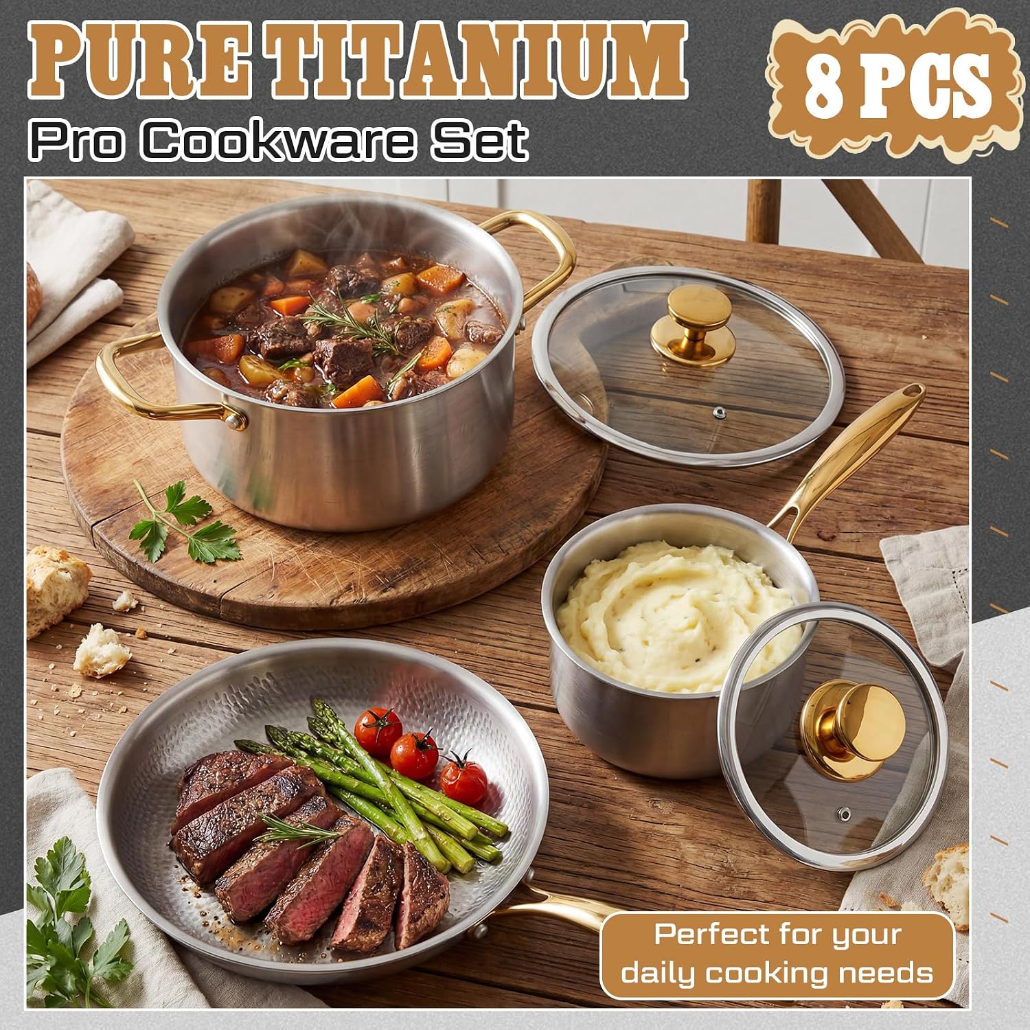 Titanium Pro Cookware Set 8 Pcs Cooking Pans and Pots with Lid and Spoon, Spatula, Triply Titanium No Coating Technology for Induction, Cooktops, Safe up to 1000°F, Dishwasher Safe