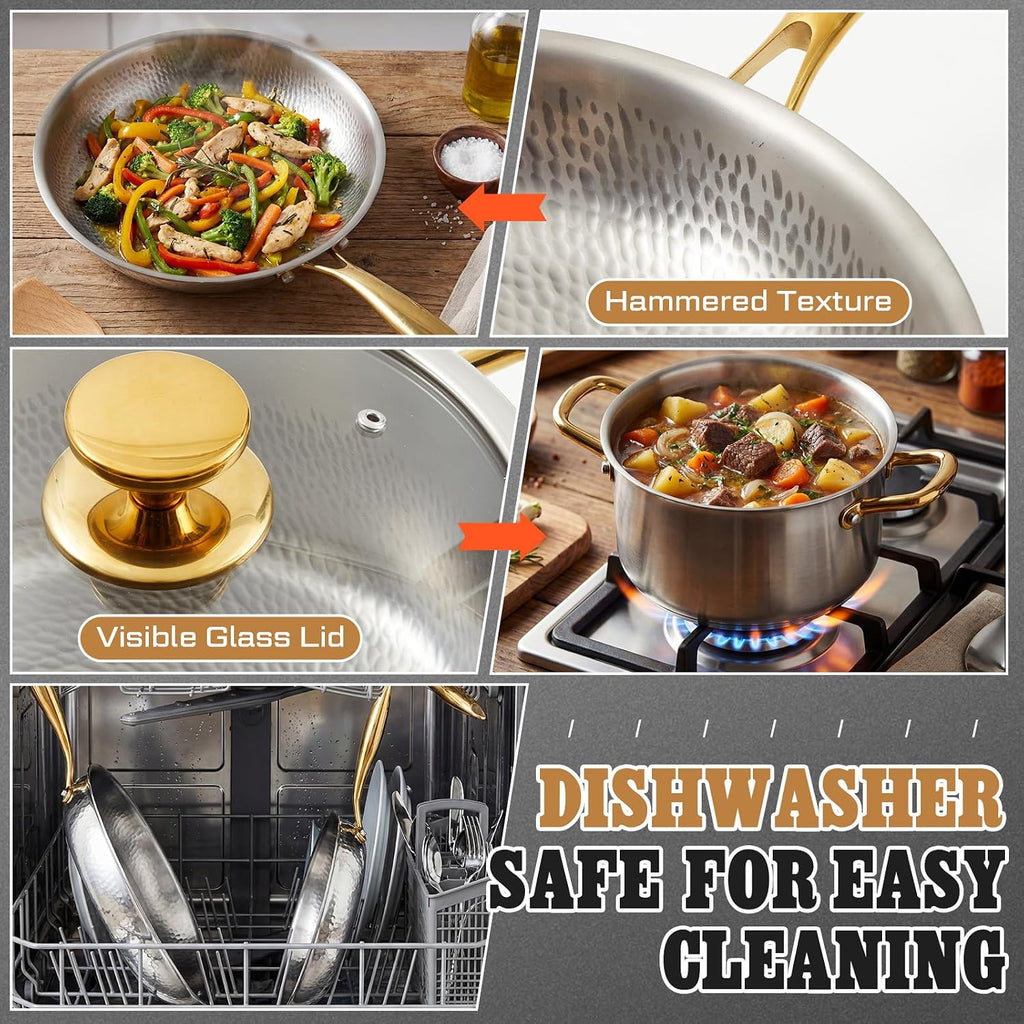 Titanium Pro Cookware Set 8 Pcs Cooking Pans and Pots with Lid and Spoon, Spatula, Triply Titanium No Coating Technology for Induction, Cooktops, Safe up to 1000°F, Dishwasher Safe