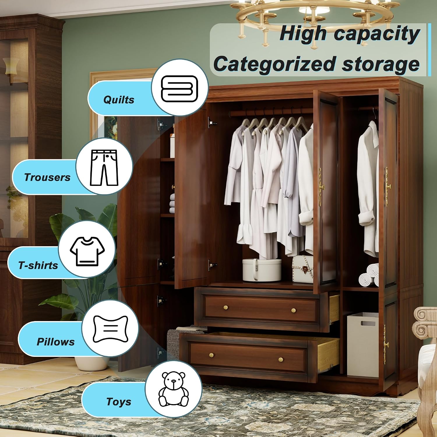 Solid Wood Armoire 4-Door Closet with 2 Drawers,100% Solid Wood Armoire Cabinet with Shelves and 2 Hanging Rods Wooden Wardrobe Closet with Elegant Design for Bedroom, Living Room