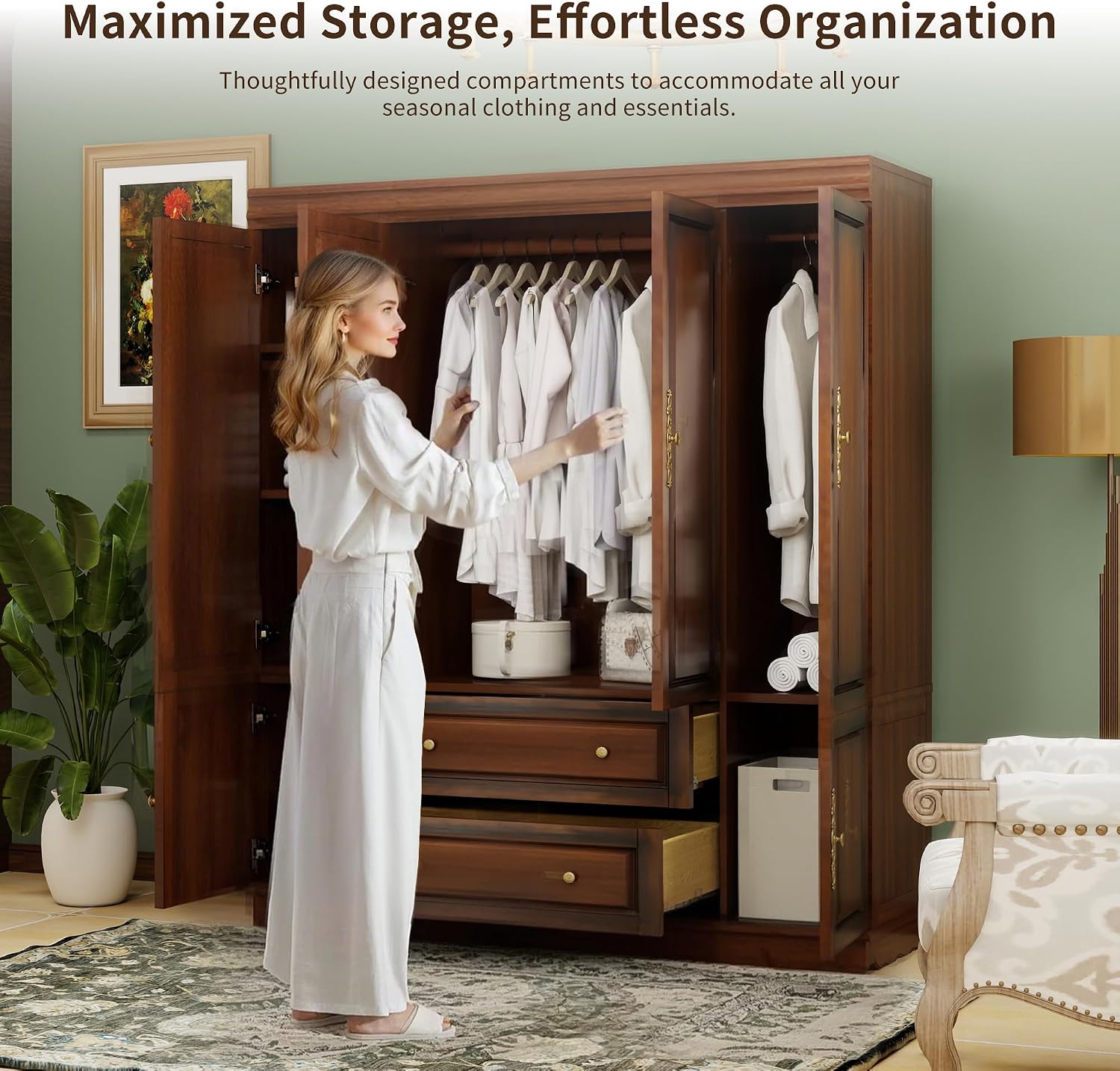 Solid Wood Armoire 4-Door Closet with 2 Drawers,100% Solid Wood Armoire Cabinet with Shelves and 2 Hanging Rods Wooden Wardrobe Closet with Elegant Design for Bedroom, Living Room