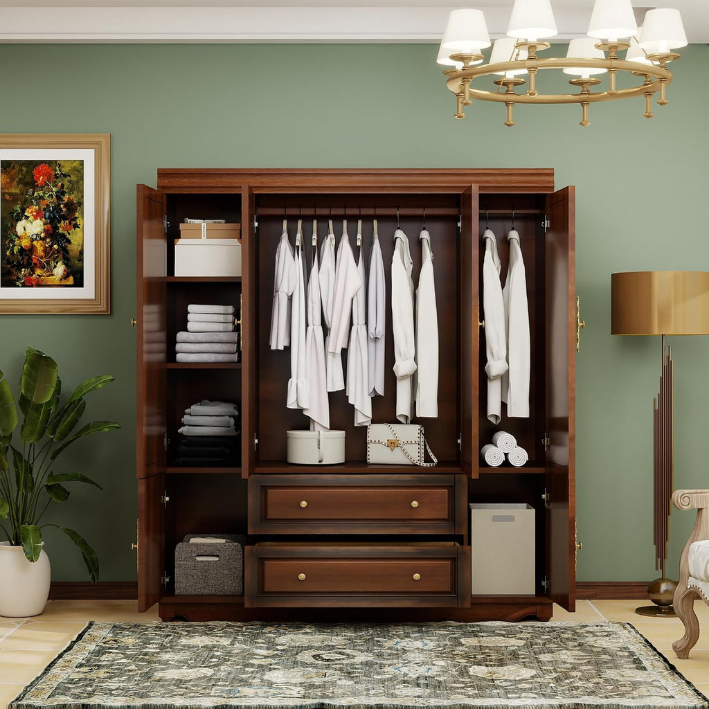 Solid Wood Armoire 4-Door Closet with 2 Drawers,100% Solid Wood Armoire Cabinet with Shelves and 2 Hanging Rods Wooden Wardrobe Closet with Elegant Design for Bedroom, Living Room