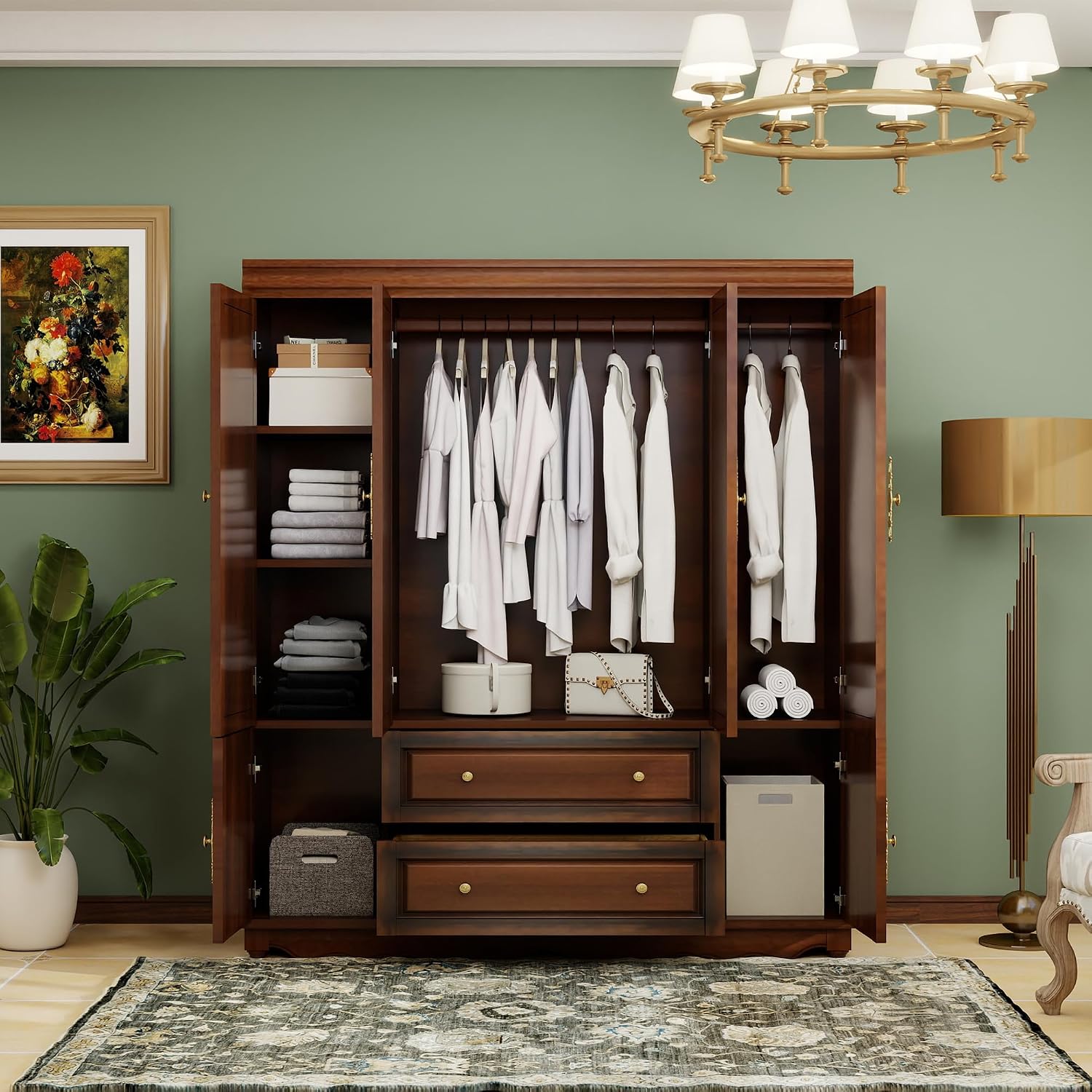 Solid Wood Armoire 4-Door Closet with 2 Drawers,100% Solid Wood Armoire Cabinet with Shelves and 2 Hanging Rods Wooden Wardrobe Closet with Elegant Design for Bedroom, Living Room